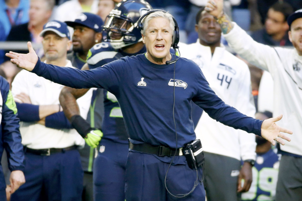 Seattle Seahawks head coach Pete Carroll looks towards the referee for a call in the first quarter against the New England Patriots during the NFL Super Bowl XLIX football game in Glendale